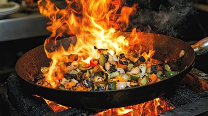 Flaming Wok Of Roasted Vegetables Cooking