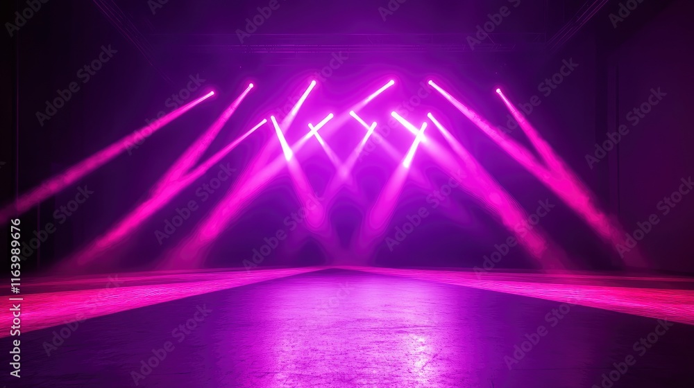 Poster neon light in tunnels, rays and lines. perspective of light in motion. dark abstract neon background