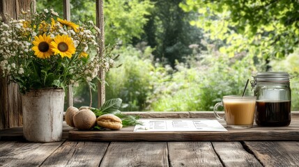 Coffee and Flowers on Table