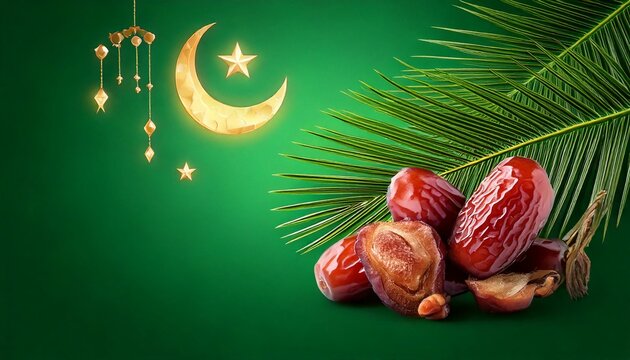 date palm fruit with date palm stalk and leaves with crescent moon ornament and small mosque 