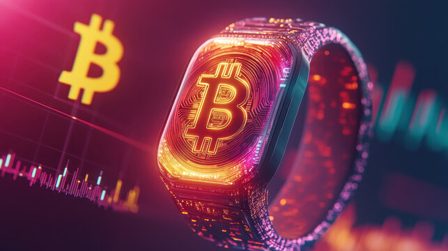 BTCUSD, A futuristic wristband displaying BTC/USD prices, ideal for technology and finance-related content, showcasing innovative wearable devices.