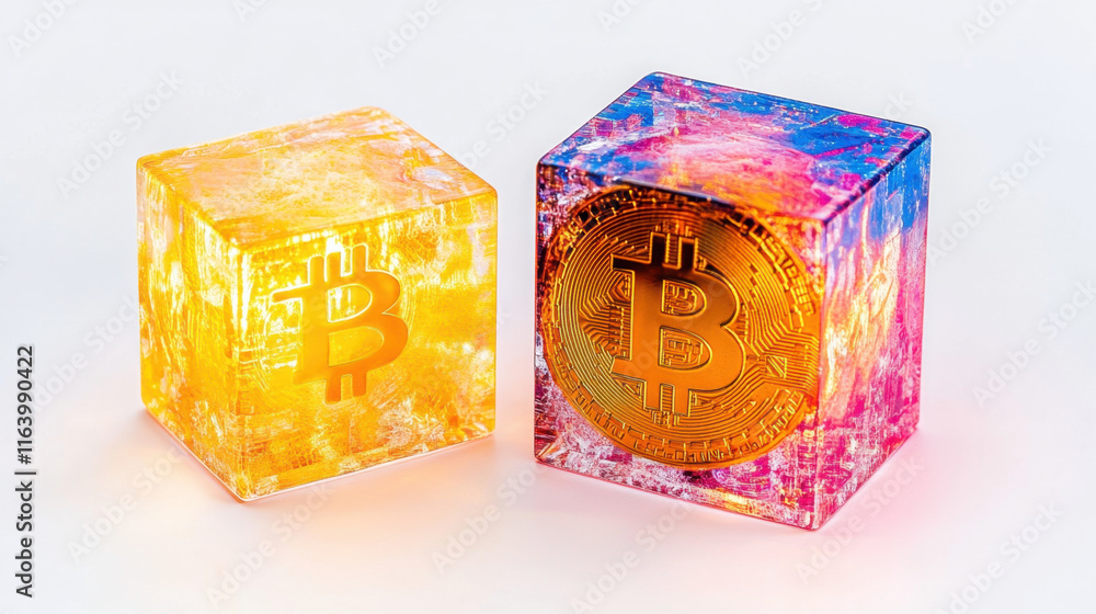 Poster btcusd, a glowing bitcoin coin encased in a transparent container, highlighting its intricate design