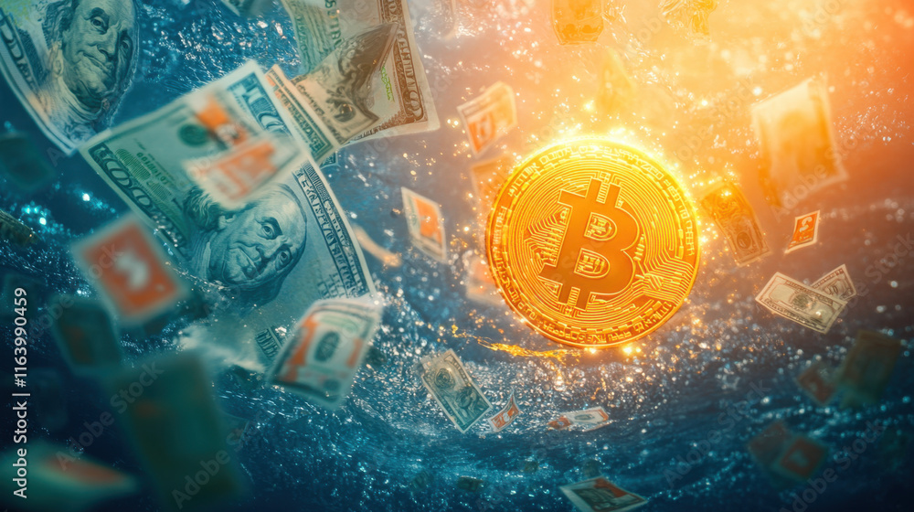 Poster btcusd, a glowing bitcoin coin floats in a digital pool, symbolizing innovation and cryptocurrency i
