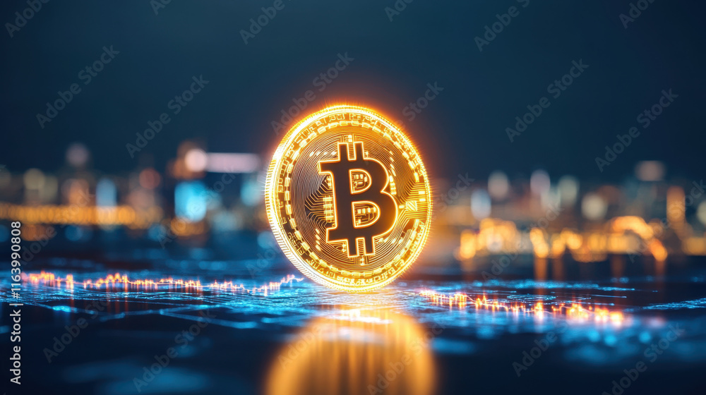 Poster btcusd, a digital illustration featuring a glowing bitcoin coin orbiting a dollar sign, symbolizing 