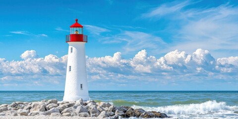 Lighthouse standing tall against waves coastal scenic view nature photography seaside serenity daylight guiding light