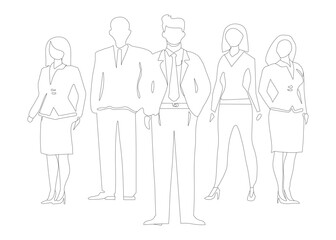 Silhouettes of Business Professionals in Black Outline. Group of Business Men and Women in Black Outline Vector Design. Business Team Black Silhouette Vector Illustration. 