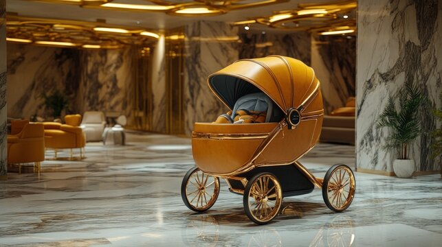 Luxury gold baby stroller in opulent lobby.