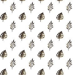 Seamless pattern of hand painted watercolor tropical leaves. Muted green palm and monstera leaves on transparent background.