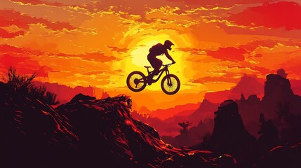 Obraz premium Silhouette of mountain biker jumping over a gap at sunset. Dramatic landscape with fiery colors.