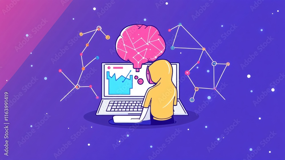 Poster creative illustration of a person analyzing data with artificial intelligence elements