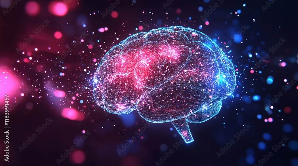 Poster futuristic digital brain with colorful sparks and light effects in abstract background