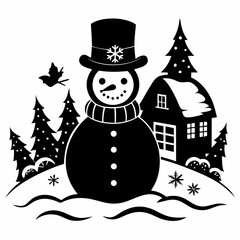 Christmas Cottage Farm SNOWMAN Black silhouette