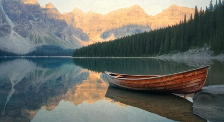 Serene Sunrise at Moraine Lake with Canoe
