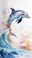 Fototapeta premium A Dolphin Leaps Through a Colorful Ocean Wave