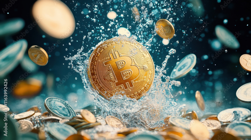 Poster btcusd, a photorealistic image of a bitcoin coin partially submerged in a textured surface, showcasi
