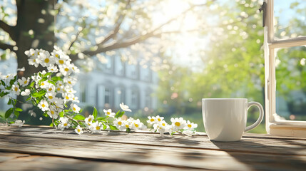 Coffee cup and flowers on a wooden table by open window in spring garden.