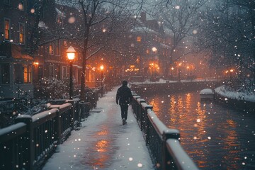 Stunning Photorealistic Winter Scene Featuring a Solitary Figure Walking Along a Snowy Canal Amidst Glistening Snowflakes and Warm Street Lights in a Charming Neighborhood