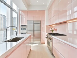 Fototapeta premium Modern Pink Kitchen with Stainless Steel Appliances and City View