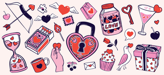 Cute Valentine’s day hand drawn illustration set. various Love and romance doodle clip art for design. hearts, romantic icons for stickers banners and cards 