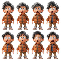 Animated Boy Character Sheet Eight Poses and Expressions, 3D Model
