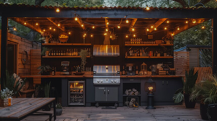 Cozy Outdoor Kitchen with String Lights and Modern Grill..