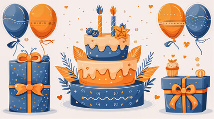 Festive Birthday Cake with Balloons and Gift Boxes..