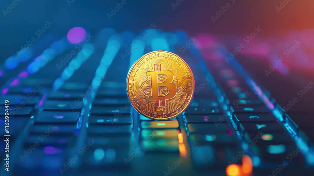 Poster btcusd, a physical bitcoin coin placed on a keyboard, symbolizing cryptocurrency and digital finance