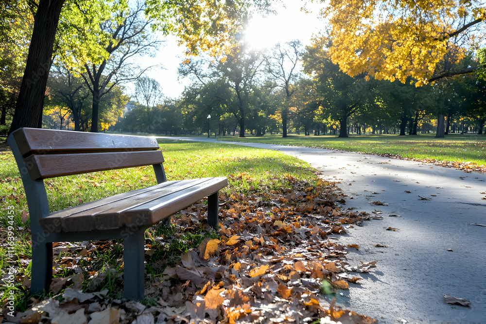 Poster empty bench on a path in a sunny autumn park.