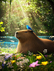 The Serene Capybara and Its Bird Companion