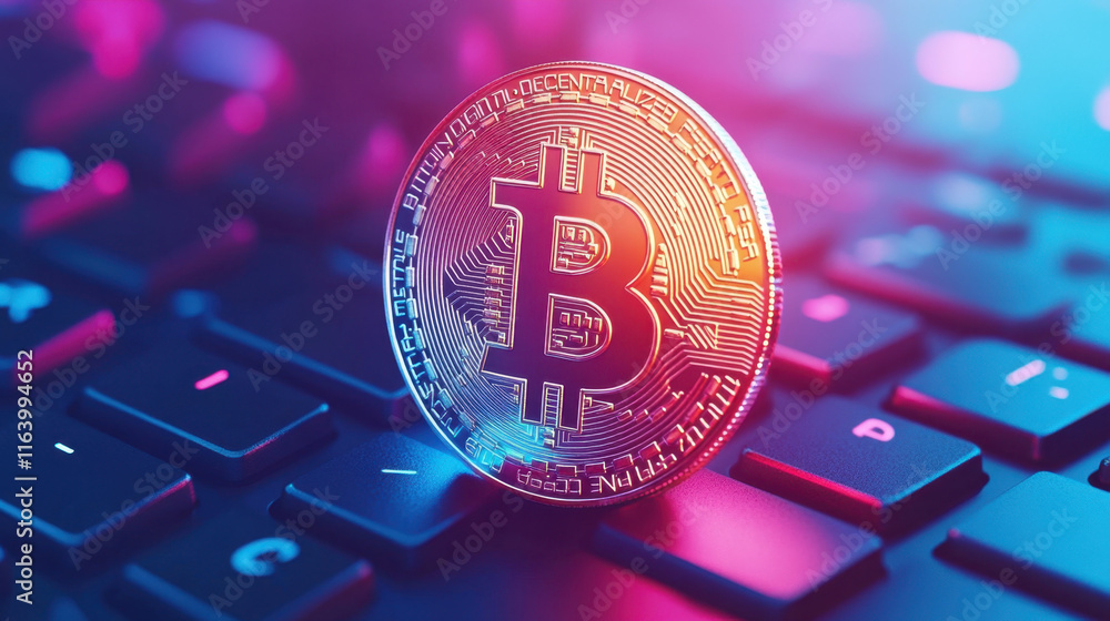 Poster btcusd, a physical bitcoin coin rests on a keyboard, highlighting the intersection of cryptocurrency
