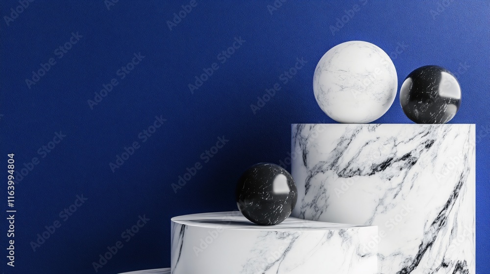 Poster elegant display of marble textures with geometric shapes on deep blue background