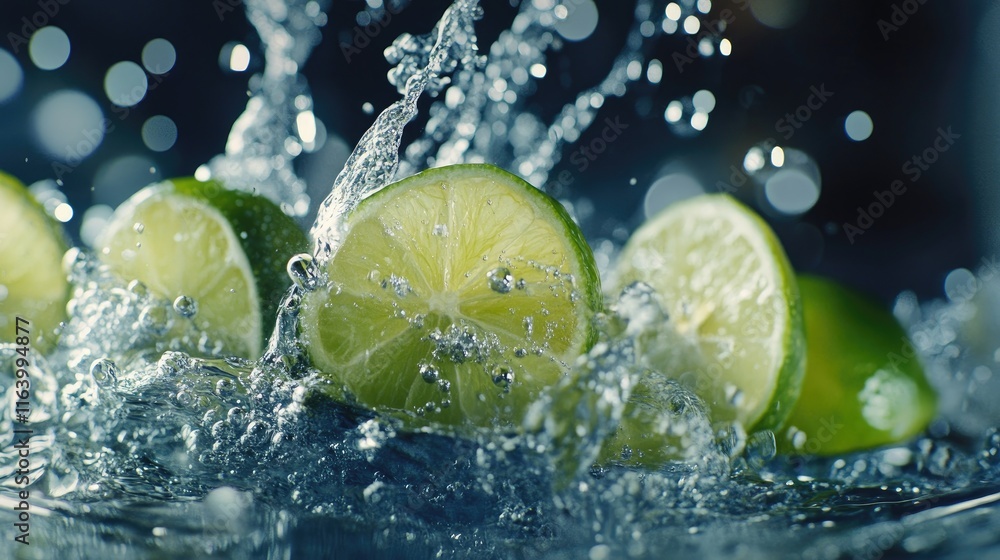 Poster a dynamic splash of water with vibrant lime slices and sparkling bubbles, creating a lively beverage