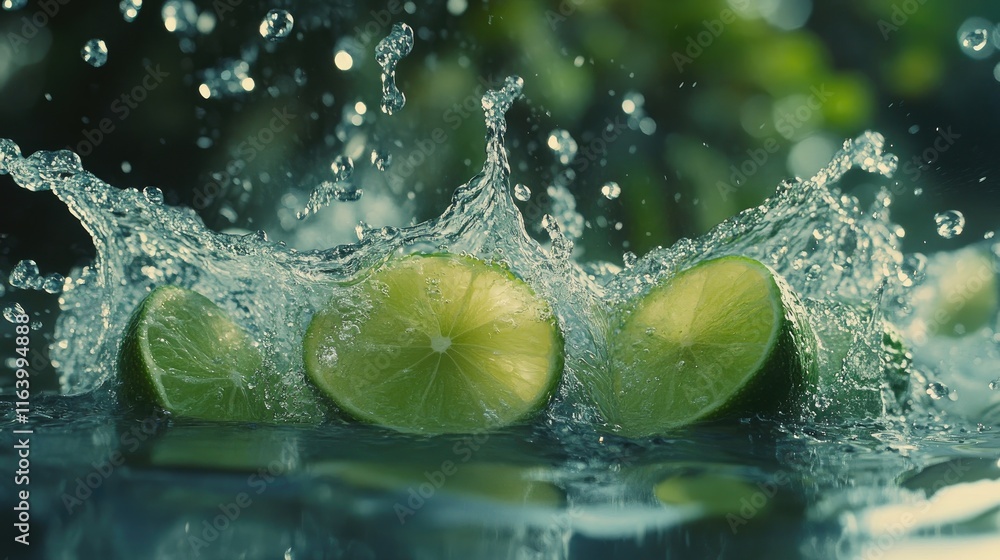 Poster a dynamic splash of water with vibrant lime slices and sparkling bubbles, creating a lively beverage