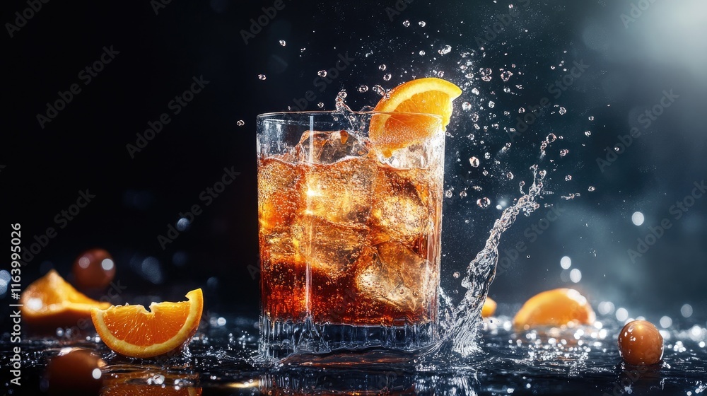 Poster a dynamic splash of water with vibrant orange wedges and sparkling details, creating a refreshing dr