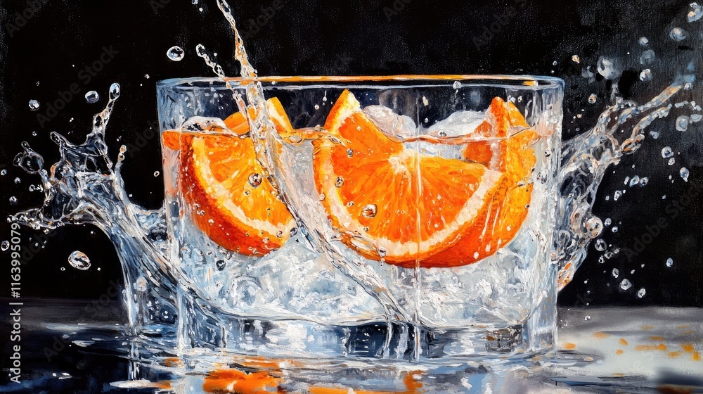 Poster a dynamic splash of water with vibrant orange wedges and sparkling details, creating a refreshing dr