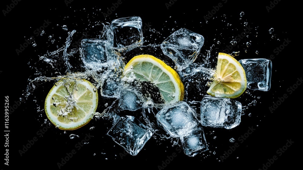 Poster a refreshing burst of water with lemon slices and ice cubes, perfect for a crisp and clean beverage 