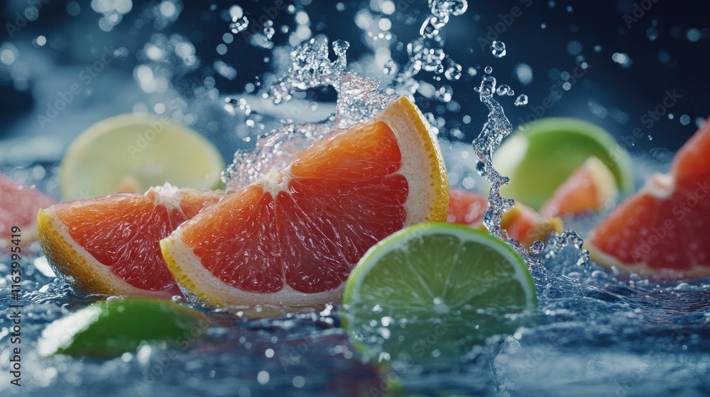 Poster a refreshing splash of water with floating grapefruit and lime wedges, radiating zest and vitality