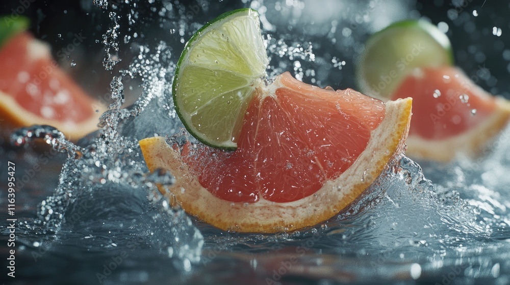 Poster a refreshing splash of water with floating grapefruit and lime wedges, radiating zest and vitality
