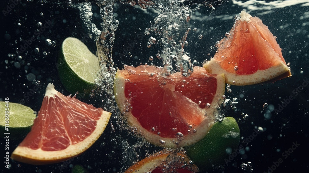 Poster a refreshing splash of water with floating grapefruit and lime wedges, radiating zest and vitality