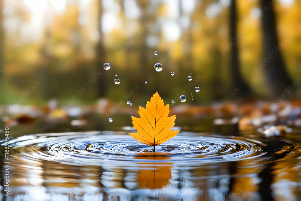 Poster yellow autumn leaf floating on water with ripples and splashing droplets in a forest.