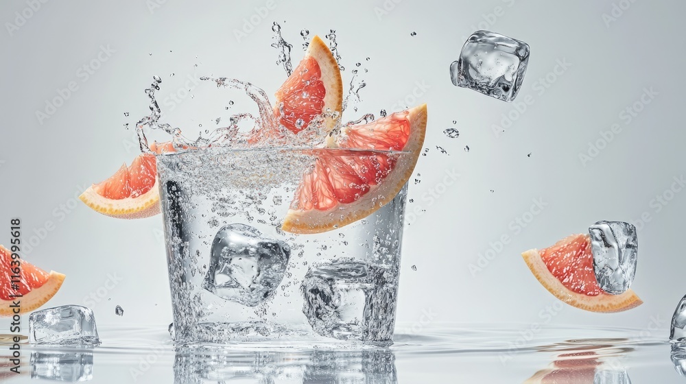 Poster a sparkling splash of water with grapefruit slices and ice cubes, suspended in motion for a lively v