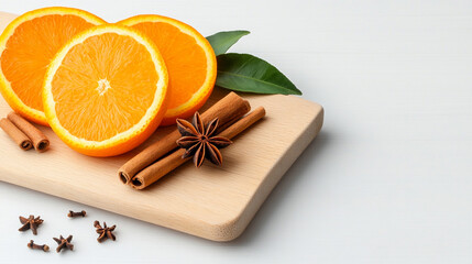 Fototapeta premium Fresh Orange Slices Arranged Beautifully With Cinnamon Sticks and Star Anise Creating a Vibrant and Aromatic Display in a Cozy Kitchen Setting