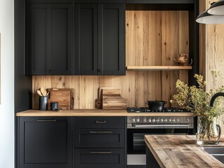 Modern Farmhouse Kitchen With Dark Cabinets And Wood Accents