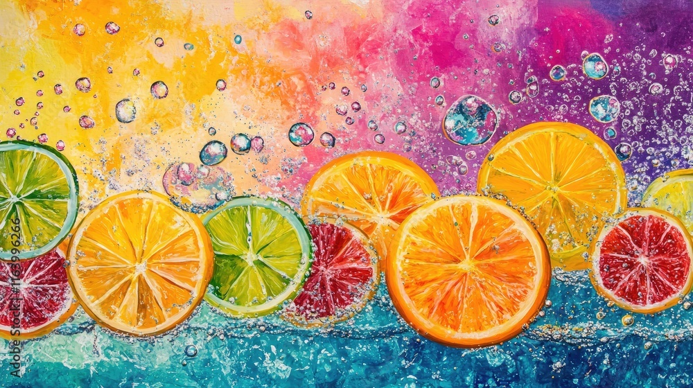 Poster a vibrant burst of water with colorful citrus slices and sparkling bubbles, creating an energetic lo