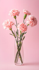 carnation flowers in a glass vase on pink background.