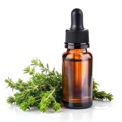Thyme essential oil bottle with fresh thyme sprigs on white background