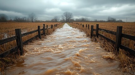 Flooded field, muddy water rushing between fences.