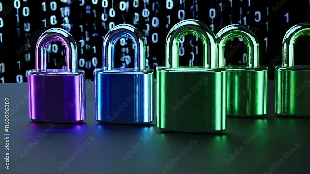 Poster colorful padlocks with a digital backdrop symbolize cybersecurity and data protection.