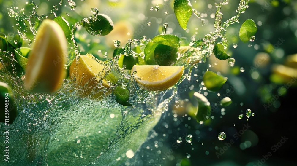 Poster a vibrant splash of water with lemon and lime slices suspended mid-air, creating a refreshing and dy