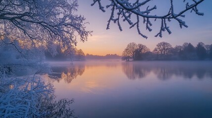 Frozen lake sunrise, frosted branches frame tranquil winter scene.